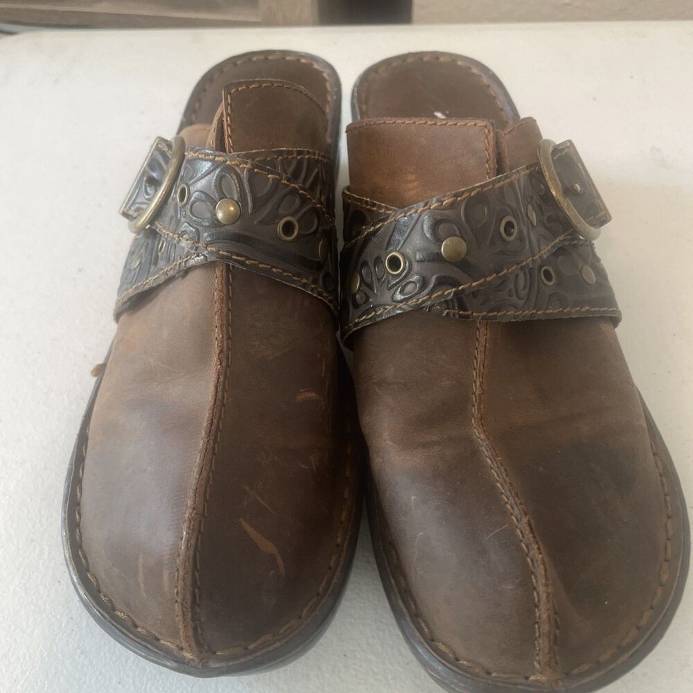 BOC Tooled Leather Clog Mules Brown Buckle Studded Boho Western Womens 10M